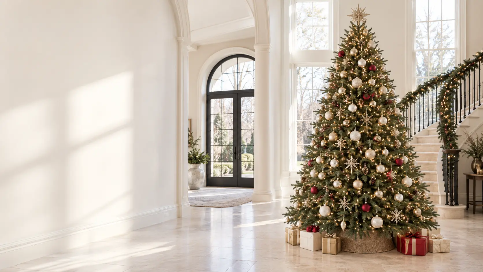 Festlich geschmückter künstlicher Weihnachtsbaum in einem großzügigen eleganten Foyer